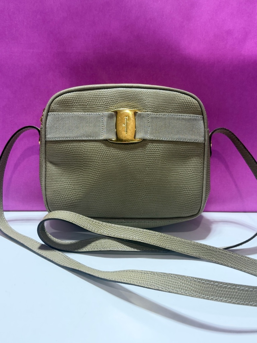 Salvatore Ferragamo Taupe Crossbody with Gold Bow Accent